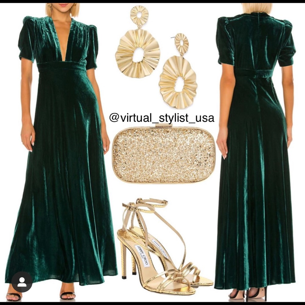 Green velvet dress with gold heels